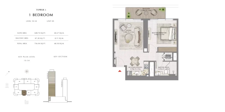 Seapoint floor plan 1 BR · 736 sqft