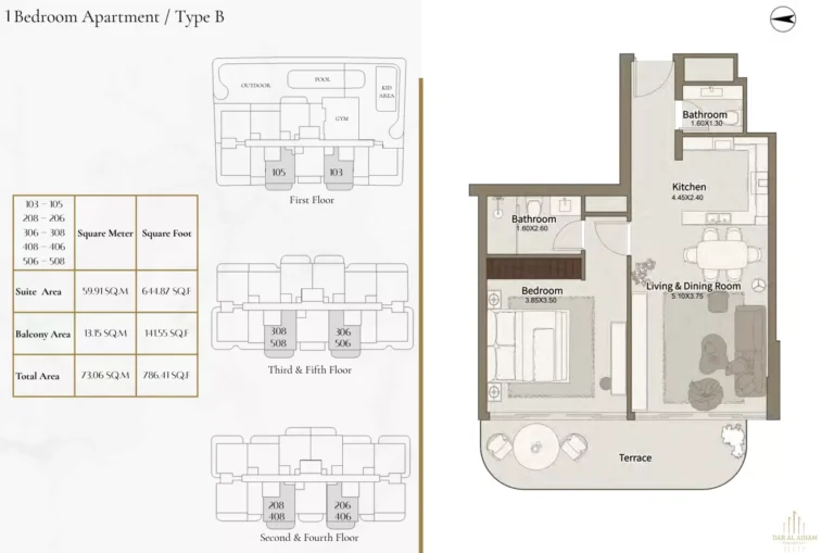 Dar Al Aiham One floor plan 1 BR · 786 sqft