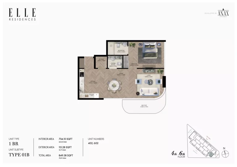 Elle Residences floor plan 1 BR · 849 sqft