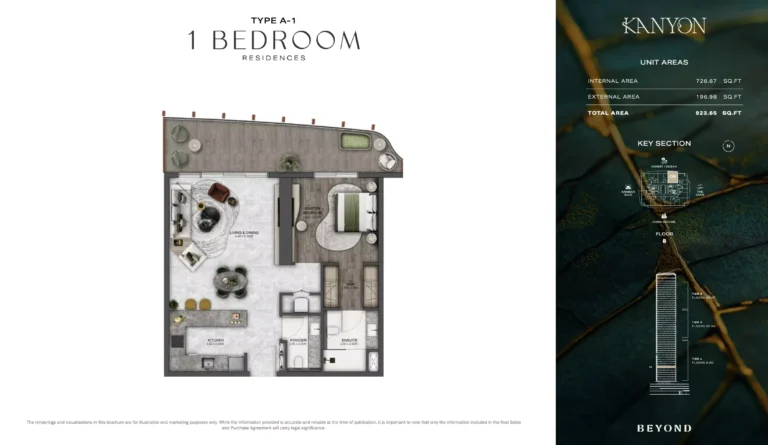 Kanyon by Beyond floor plan 1-спальн. · 923 sqft