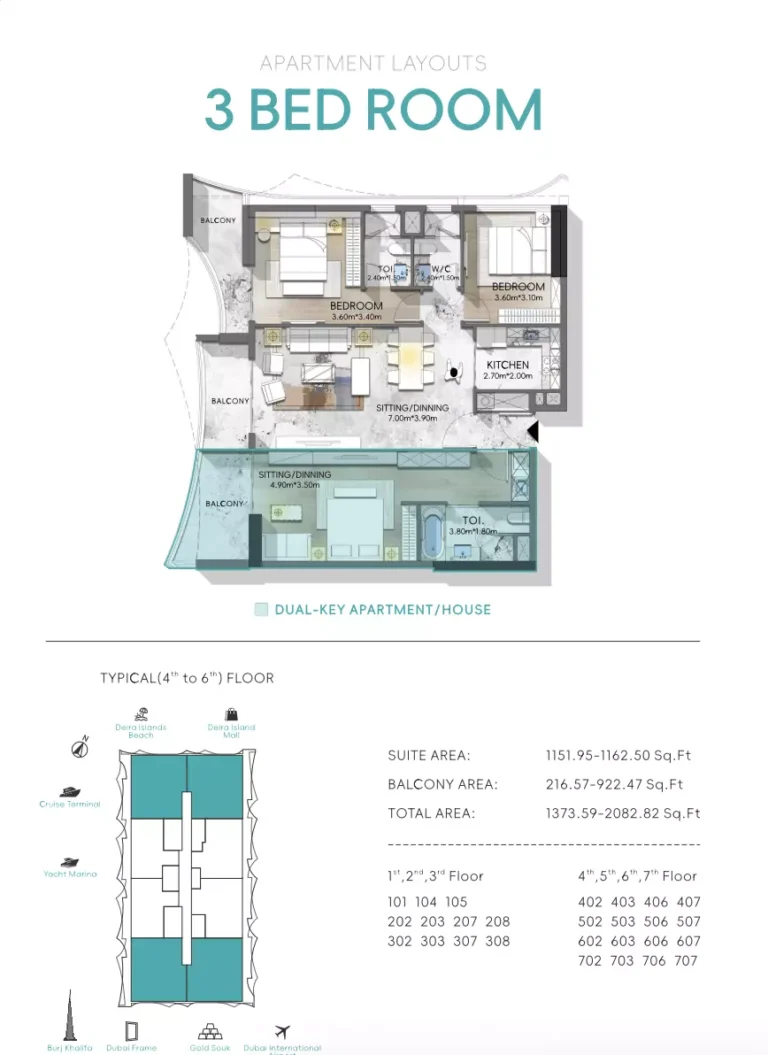 Nautis Residences floor plan 3-спальн. · 1373 sqft