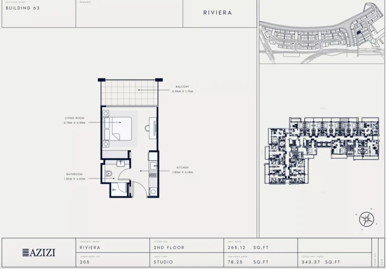 Azizi Riviera 63 floor plan Студия · 343 sqft
