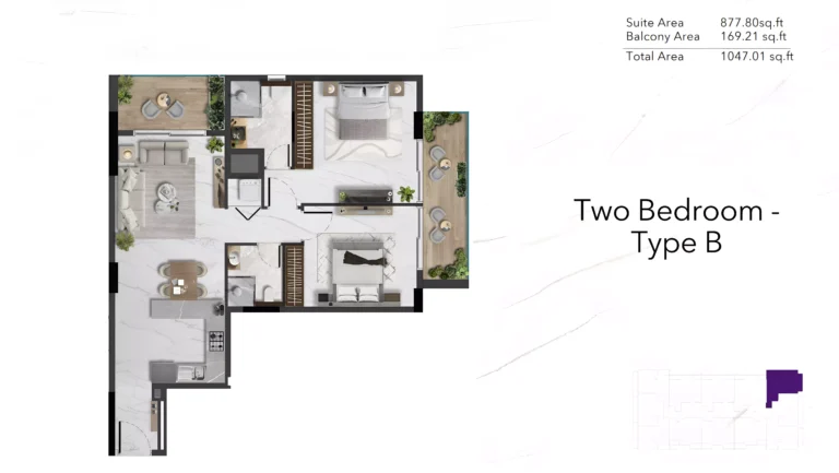 Amethyst by Siroya floor plan 2-спальн. · 1047 sqft