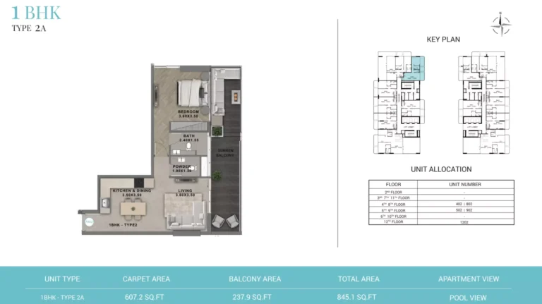 Reef 999 floor plan 1-спальн. · 845 sqft