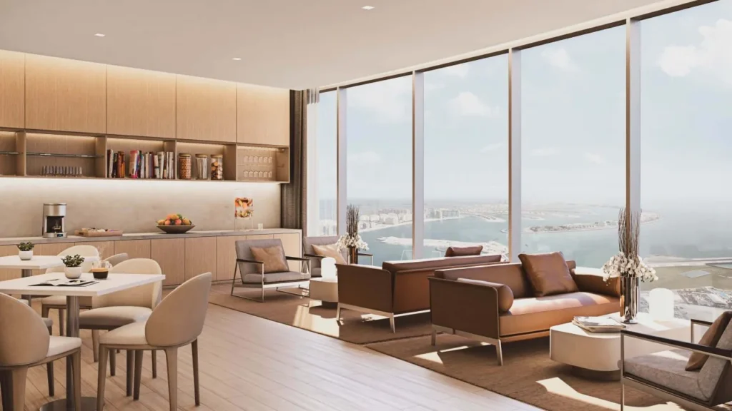 Living and dining area with kitchen and sea view at Ciel Vignette Collection Dubai Marina Dubai
