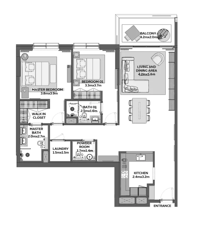 Sidr Residences floor plan 2 BR · 1378 sqft