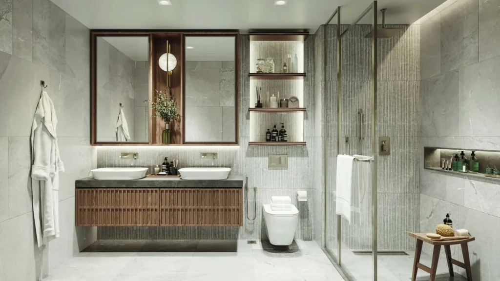Bathroom interior with double vanity and shower in Crestmark Business Bay Dubai