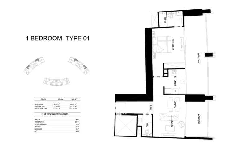 Binghatti Skyrise floor plan 1 BR · 1021 sqft