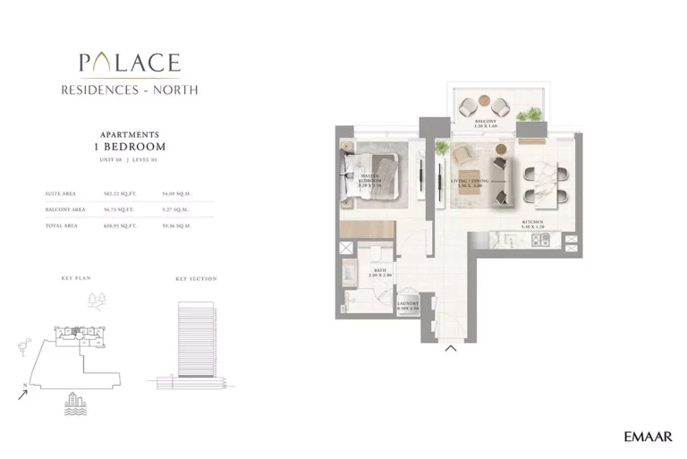 Palace Residences North floor plan 1 BR · 638 sqft