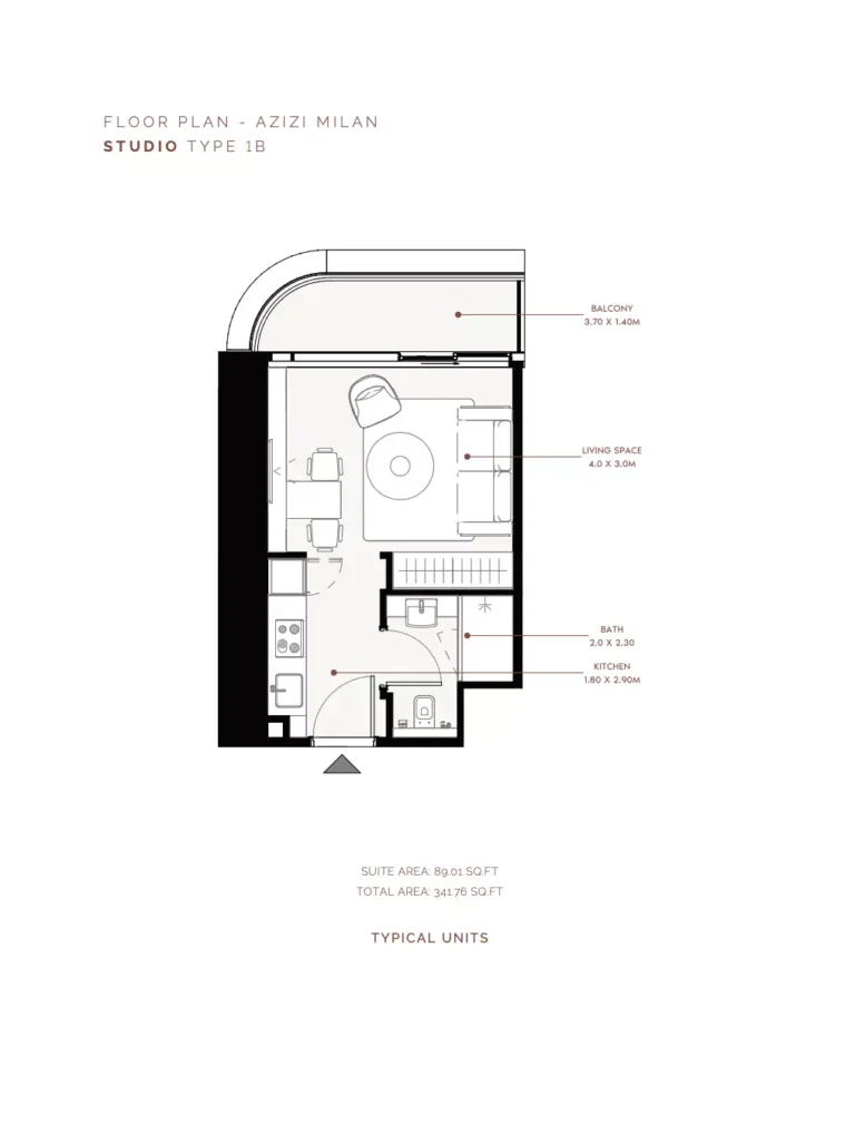 Azizi Milan 30 floor plan Studio · 341 sqft