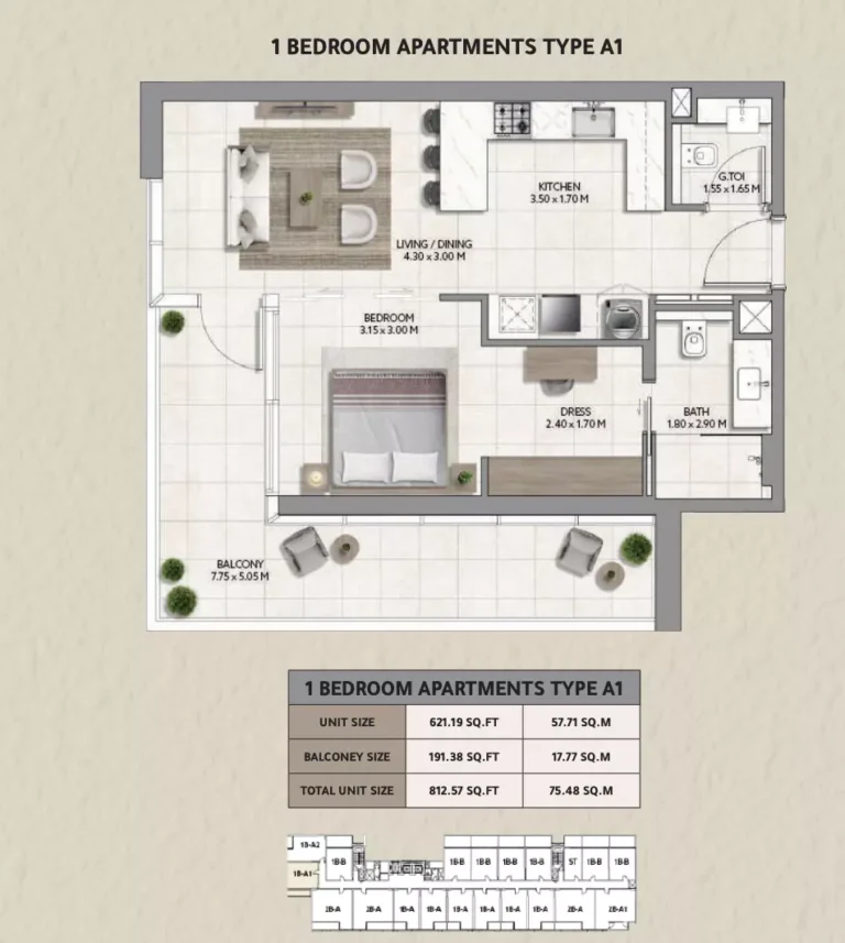 161 Jumeirah Lane floor plan 1-спальн. · 812 sqft