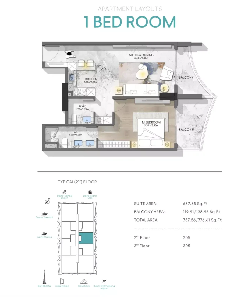 Nautis Residences floor plan 1-спальн. · 757 sqft