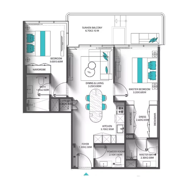 Reef 998 floor plan 2-спальн. · 1002 sqft