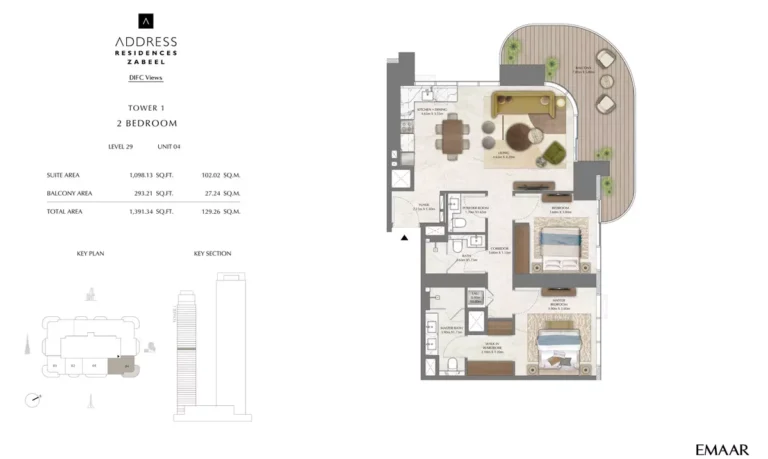 Address Residences Zabeel floor plan 2-спальн. · 1391 sqft