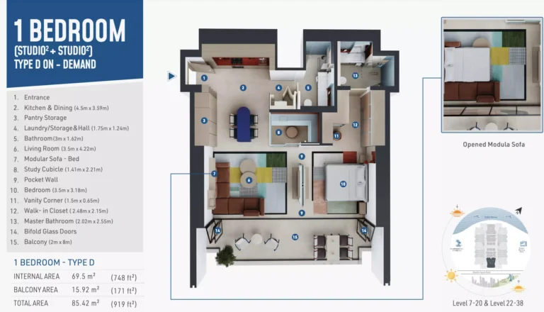 Rove Home Dubai Marina floor plan 1-спальн. · 919 кв. фут
