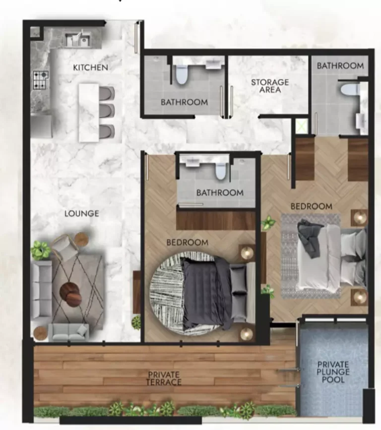 Lucky Royale Residence floor plan 2-спальн. · 1295 sqft