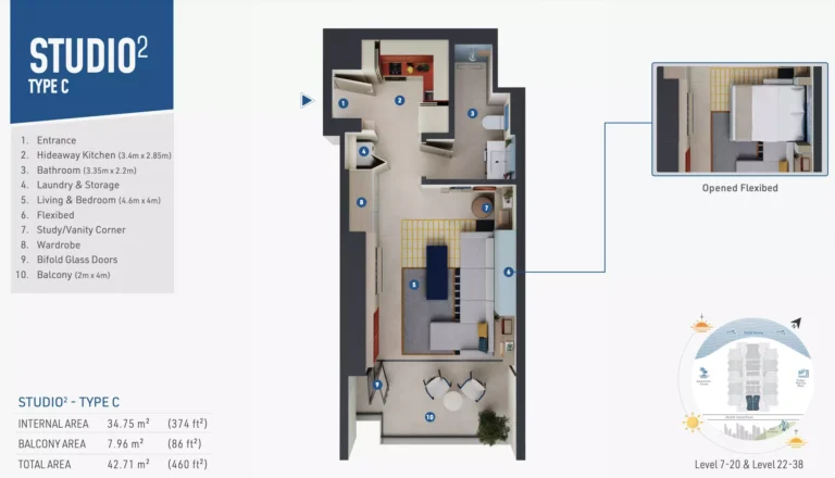Rove Home Dubai Marina floor plan Студия · 460 кв. фут