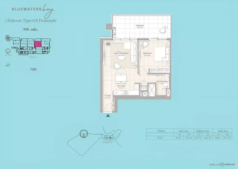 Bluewaters Bay floor plan 1-спальн. · 977 sqft