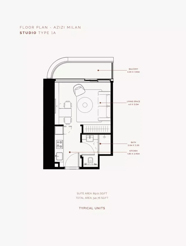 Azizi Milan 30 floor plan Studio · 341 sqft