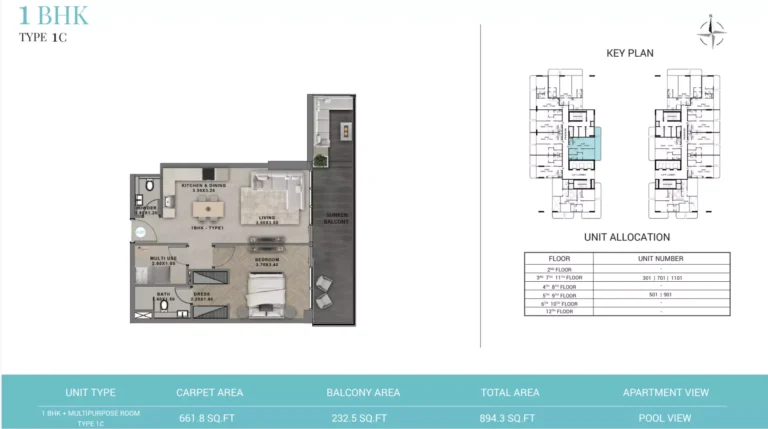 Reef 999 floor plan 1-спальн. · 894 sqft