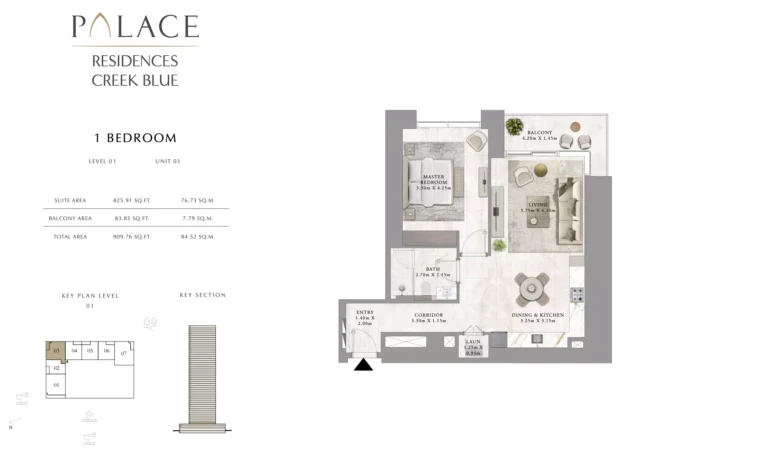 Palace Residences Creek Blue floor plan 1-спальн. · 909 sqft