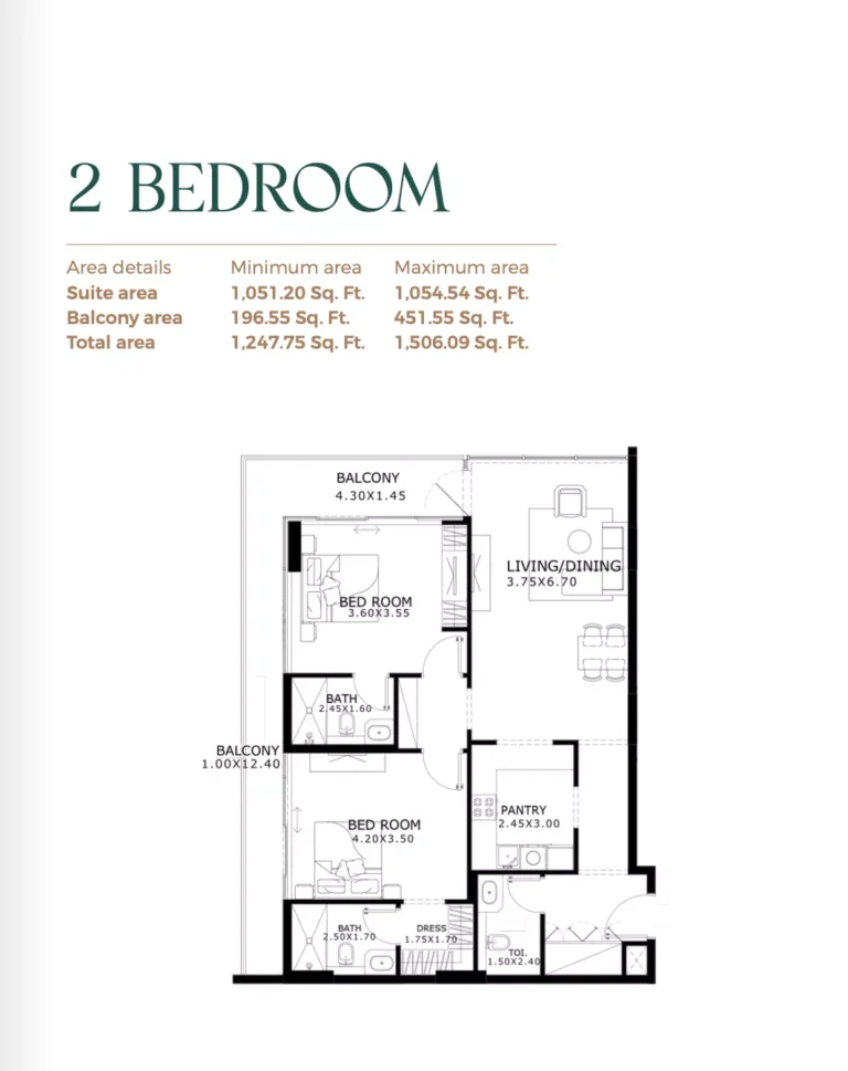 Belle Reve floor plan 2-спальн. · 1506 sqft