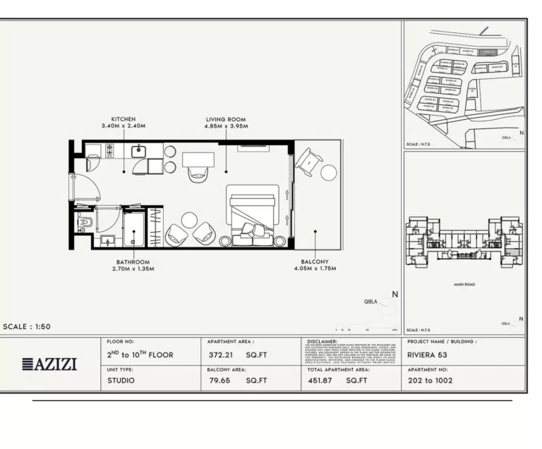 Azizi Riviera 53 floor plan Studio · 451 sqft