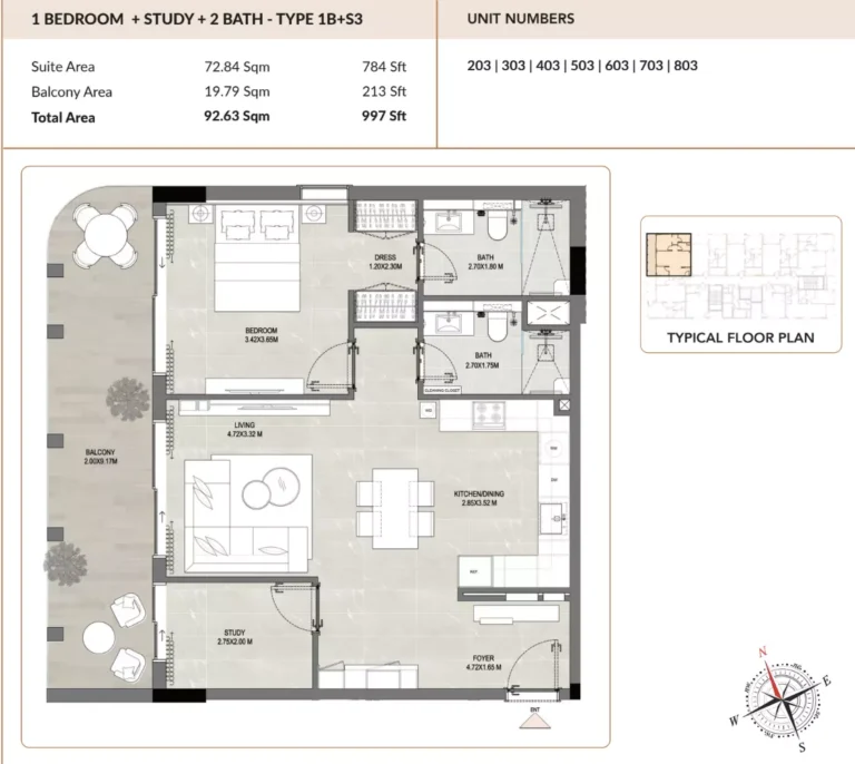 ENSO Amber floor plan 1-спальн. · 997 sqft