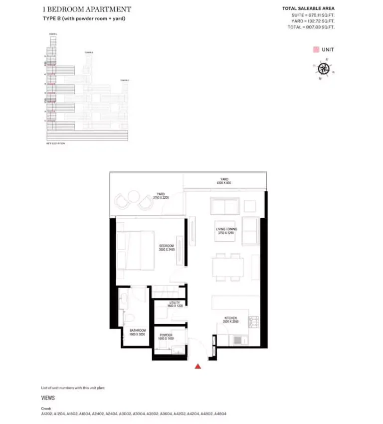 Sobha One floor plan 1 BR · 807 sqft