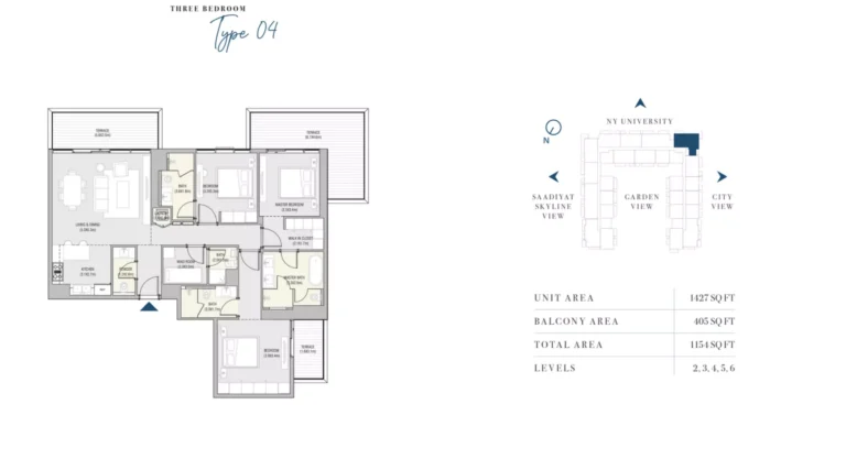 Vida Residences Dubai Mall floor plan 3-спальн. · 1154 sqft