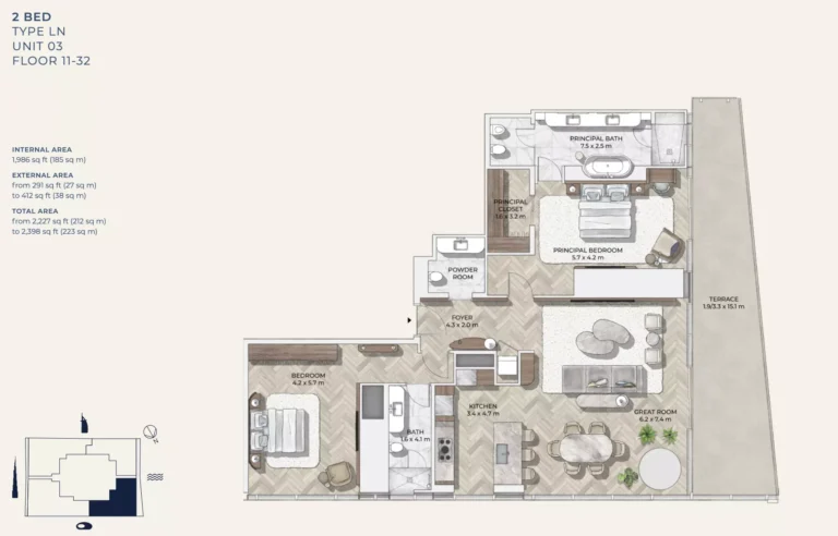 Mr. C Residences Downtown floor plan 2-спальн. · 2398 sqft