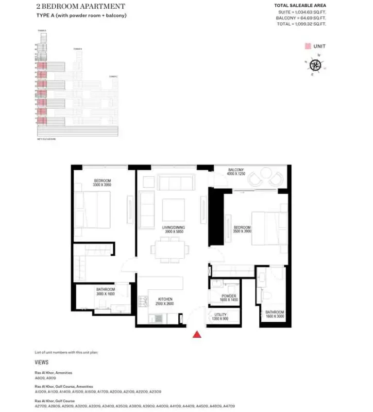 Sobha One floor plan 2 BR · 1099 sqft