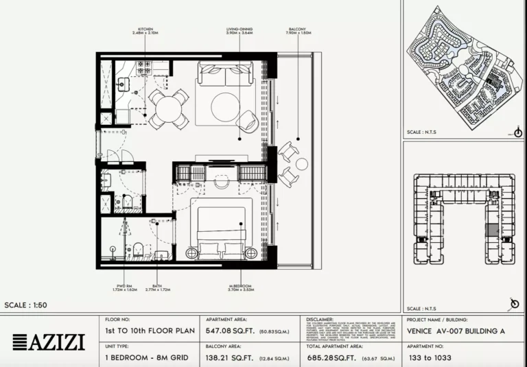 Azizi Venice 7 floor plan 1 BR · 685 sqft