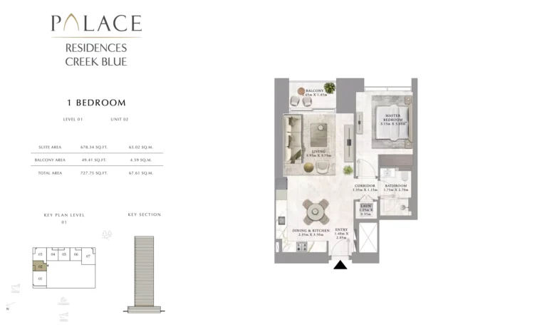 Palace Residences Creek Blue floor plan 1-спальн. · 727 sqft