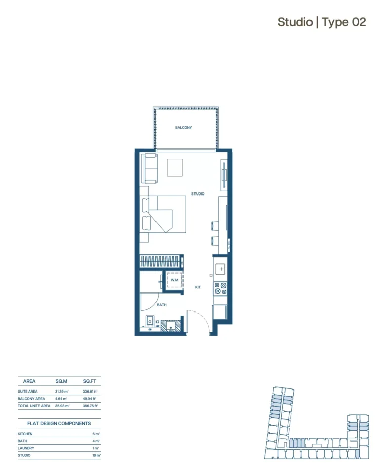 Binghatti Aurora floor plan Studio · 386 sqft