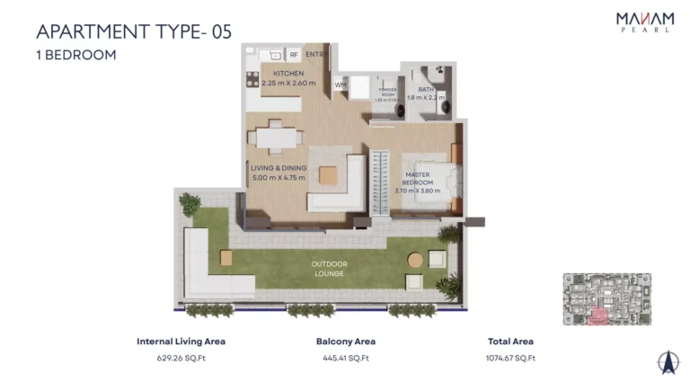Manam Pearl floor plan 1-спальн. · 1074 sqft