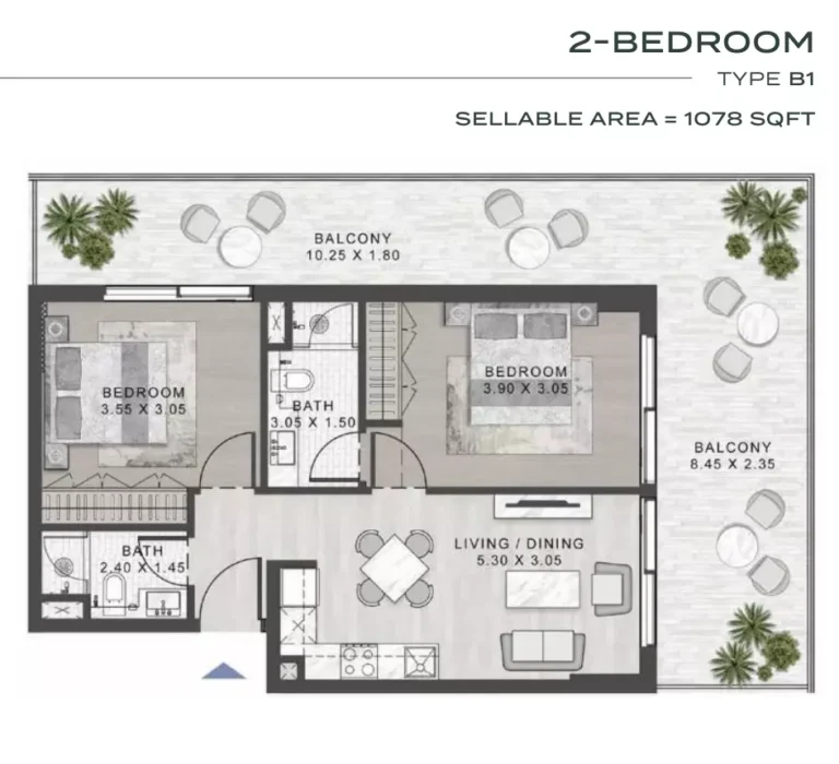 Elo 3 floor plan 2-спальн. · 1078 sqft