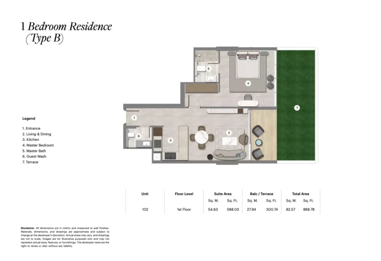 Parkgreen Residences floor plan 1-спальн. · 888 sqft