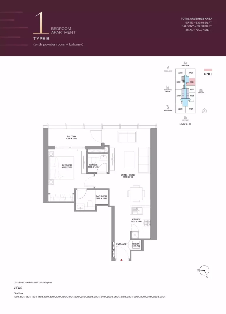 The Element at Sobha One floor plan 1 BR · 729 sqft
