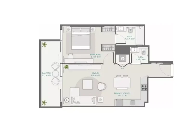 Avenue Park Towers floor plan 1-спальн. · 717 sqft