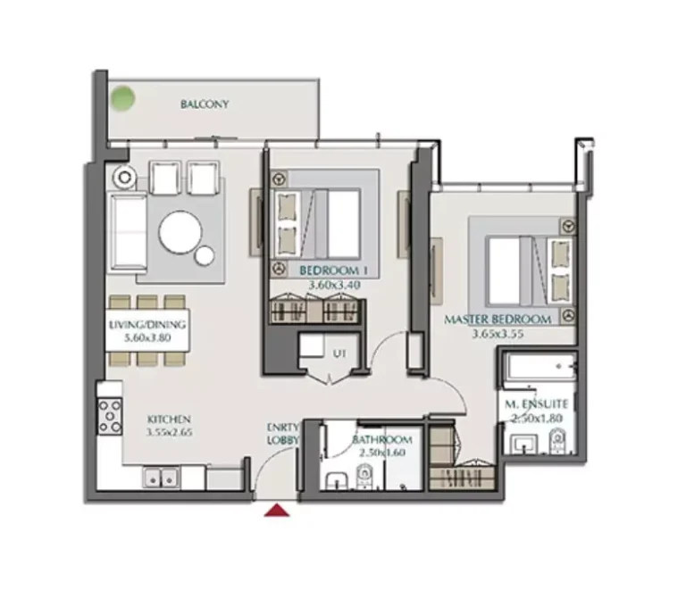 Park Views Residences B floor plan 2 BR · 1066 sqft