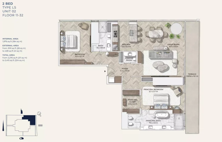 Mr. C Residences Downtown floor plan 2-спальн. · 2415 sqft