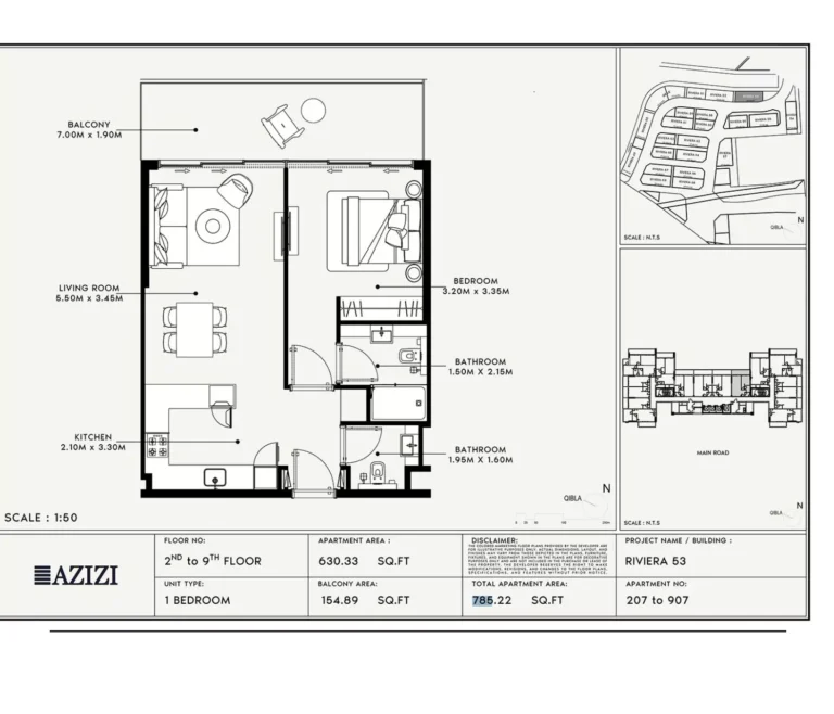 Azizi Riviera 53 floor plan 1 BR · 785 sqft