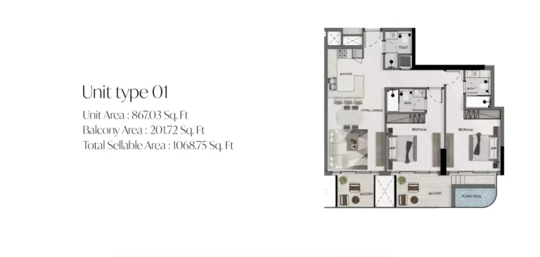 Avana Residences floor plan 2 BR · 1068 sqft