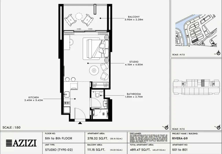 Azizi Riviera 69 floor plan Студия · 489 sqft