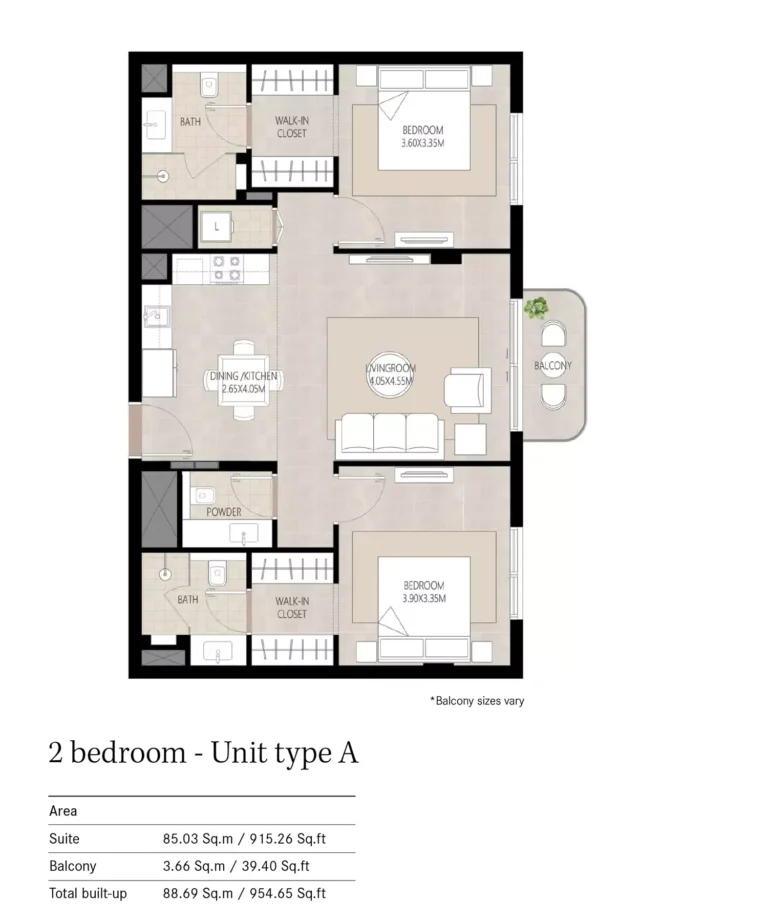 Berkshire Park floor plan 2 BR · 954 sqft
