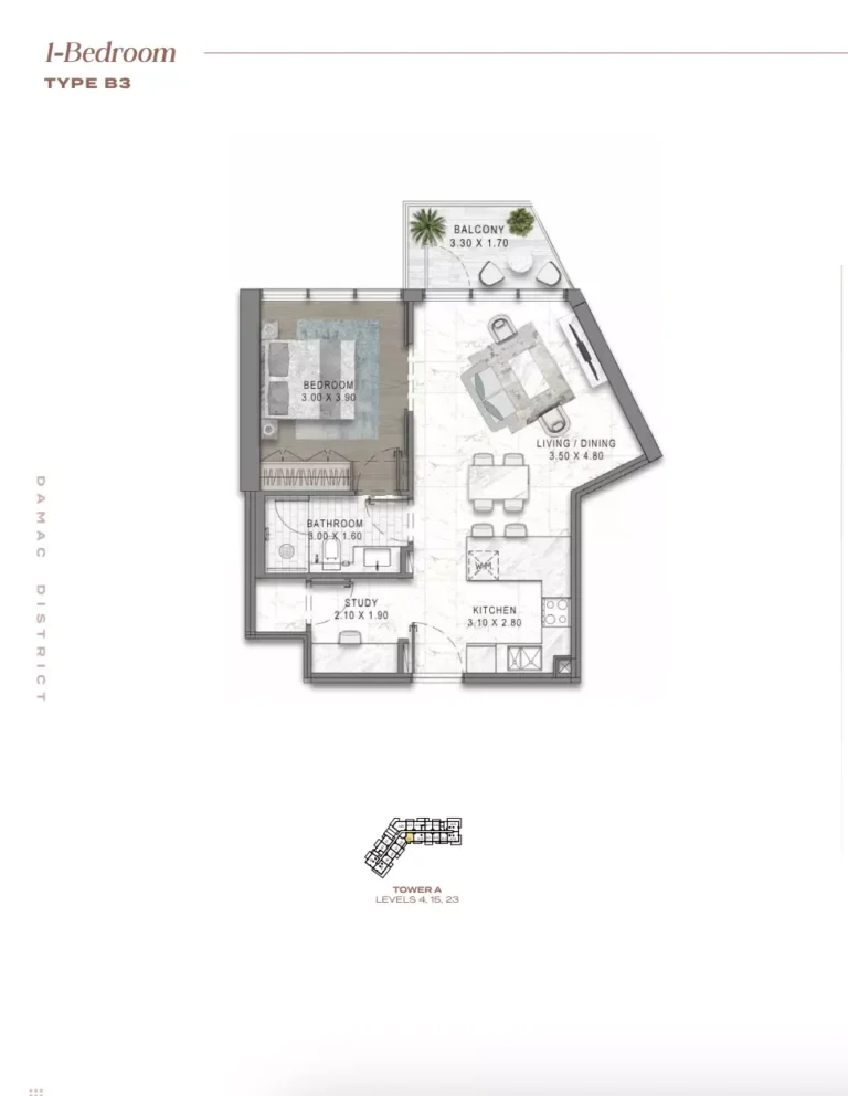 Damac District floor plan 1-спальн.