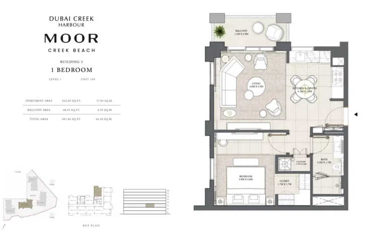 Moor at Creek Beach floor plan 1-спальн. · 691 sqft