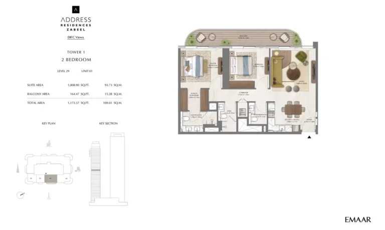 Address Residences Zabeel floor plan 2-спальн. · 1173 sqft