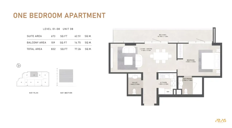 Aras Heights floor plan 1 BR · 832 sqft